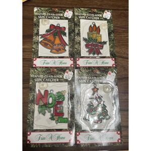 Vtg Trim A Home Christmas Sun Catchers Lot Of‎ 4 Noel, Tree, Stained Glass Look